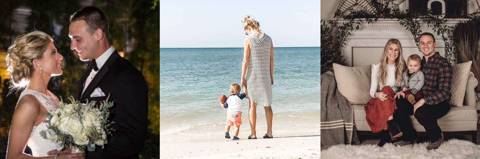 Megan Depalma at her wedding, the beach, and in a family photo