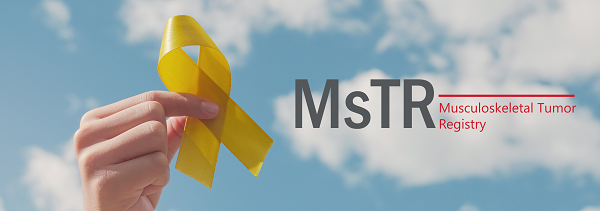 Hand holding a yellow ribbon next to MsTR logo
